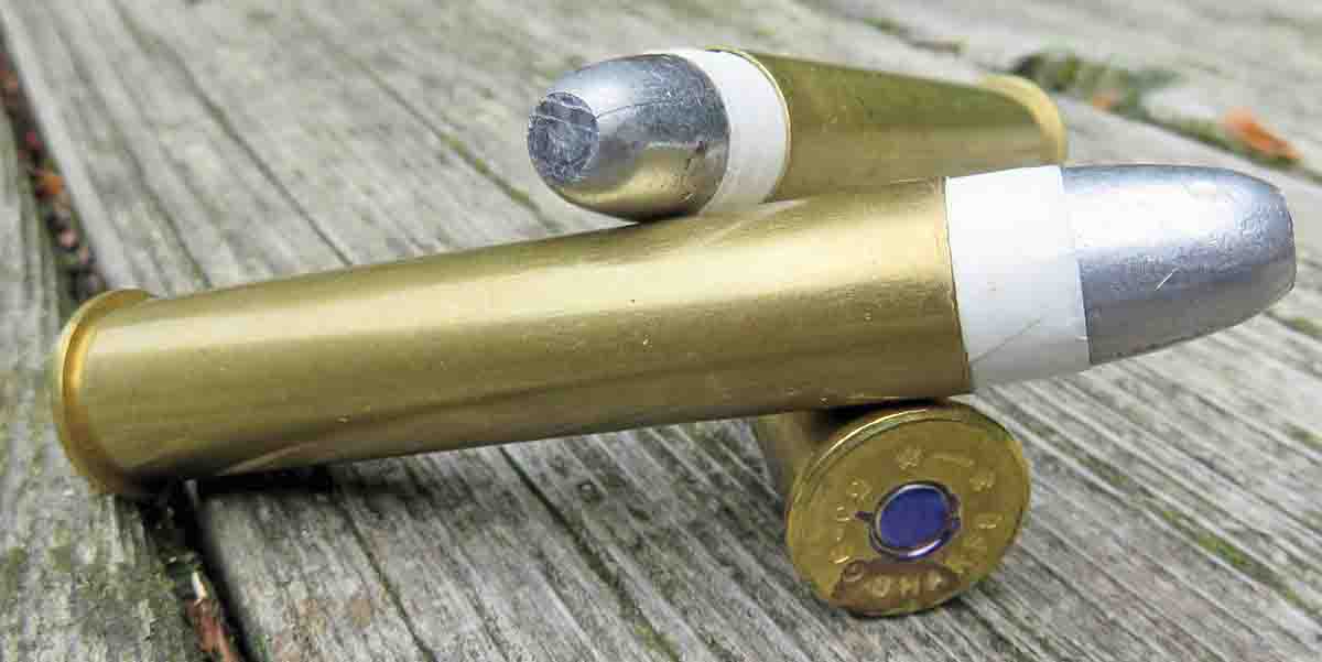 The .50 2½ inch with paper-patch 500-grain bullets, the “blue” primer is for load identification.